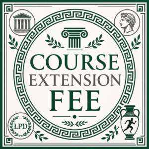 A decorative graphic with Greek-style border, pillars, and laurel displays "Course Extension - 60 Days" in bold. Surrounding images include a temple, head profile, urn, and LPD within a laurel wreath.